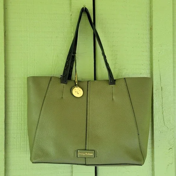 TOMMY BAHAMA Olive Green Leather Tote Bag Purse - Picture 4 of 8